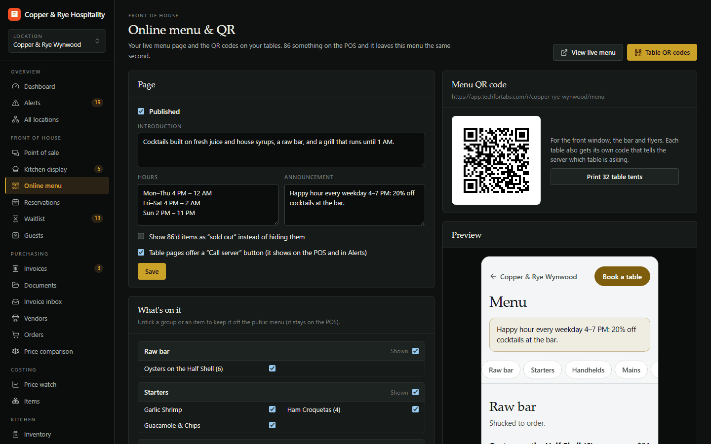 Online menu & QR in Tech for Tabs