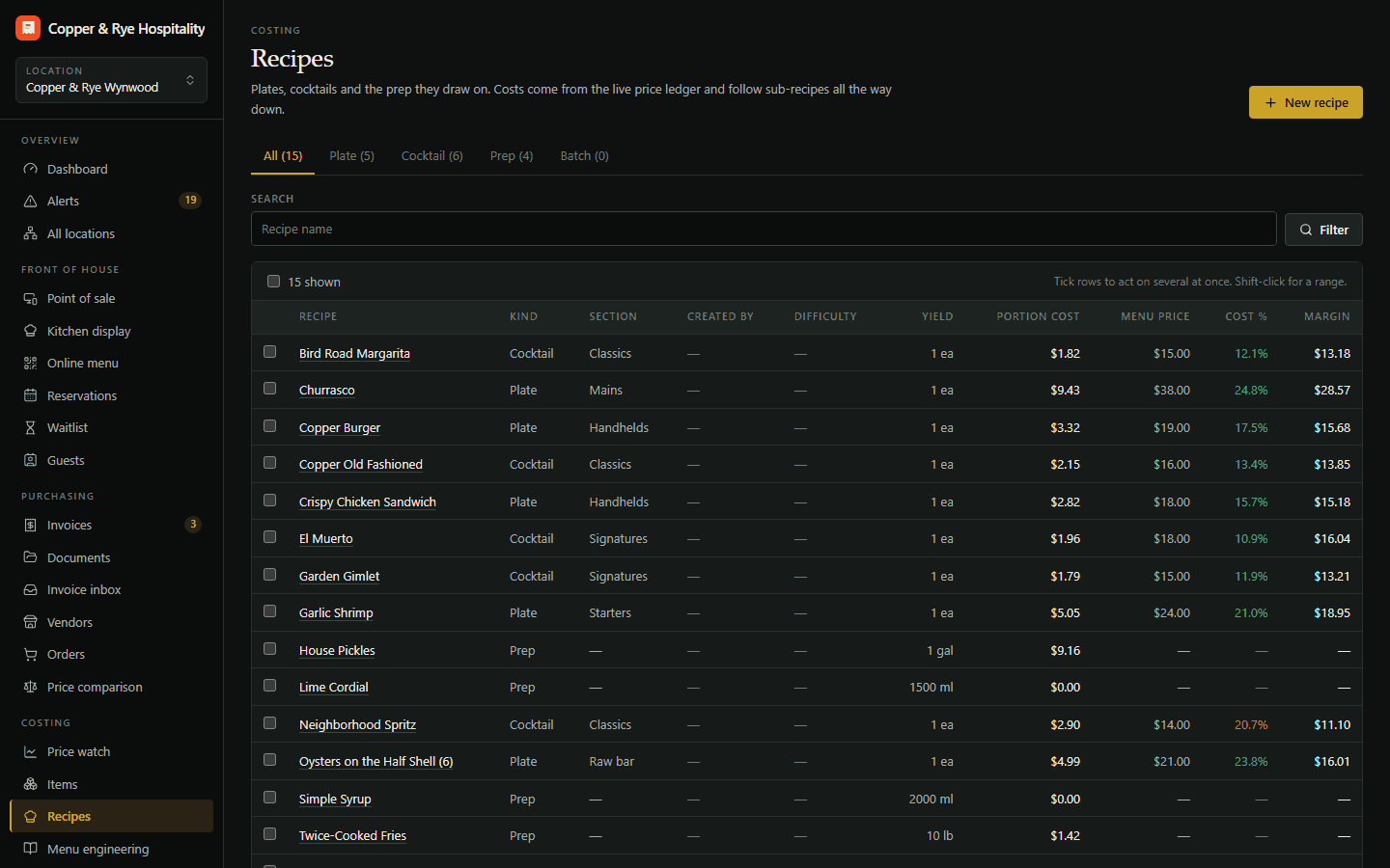 Recipes & plate costing in Tech for Tabs